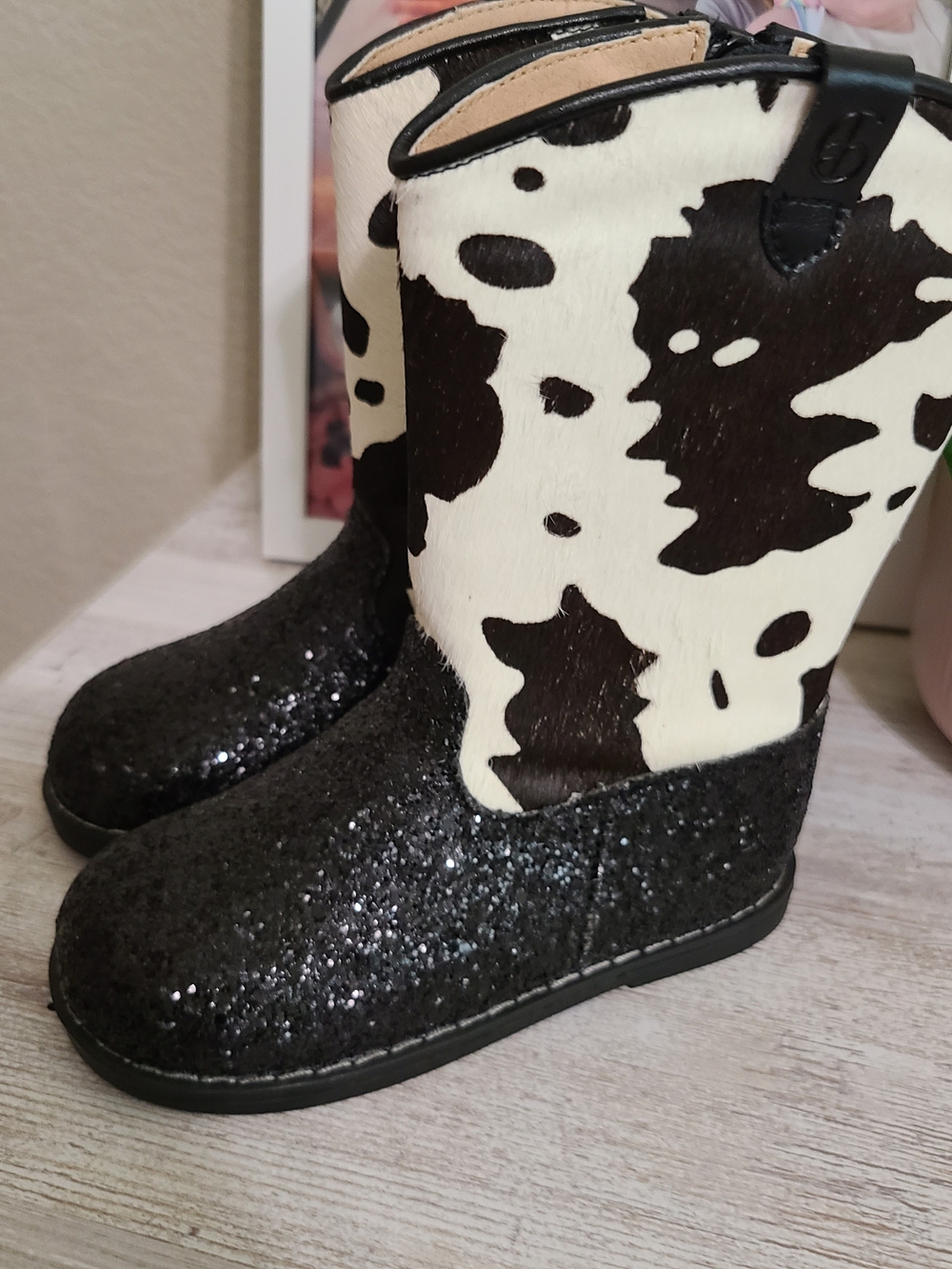 Black Glitter and Cow Print Kids Boots